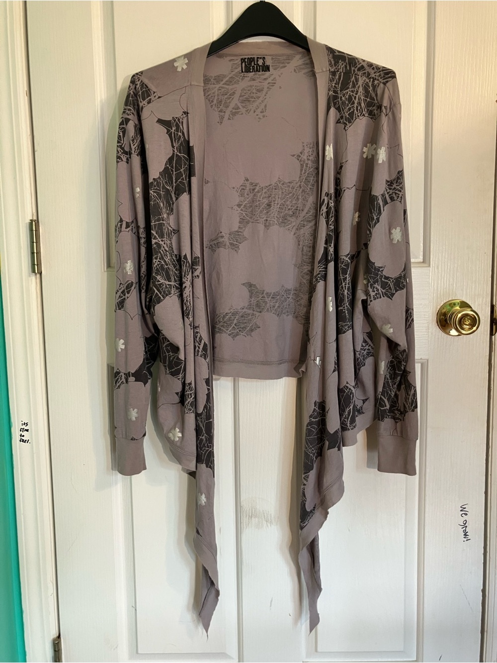People's Liberation Taupe and Black Printed Open-Front Cardigan